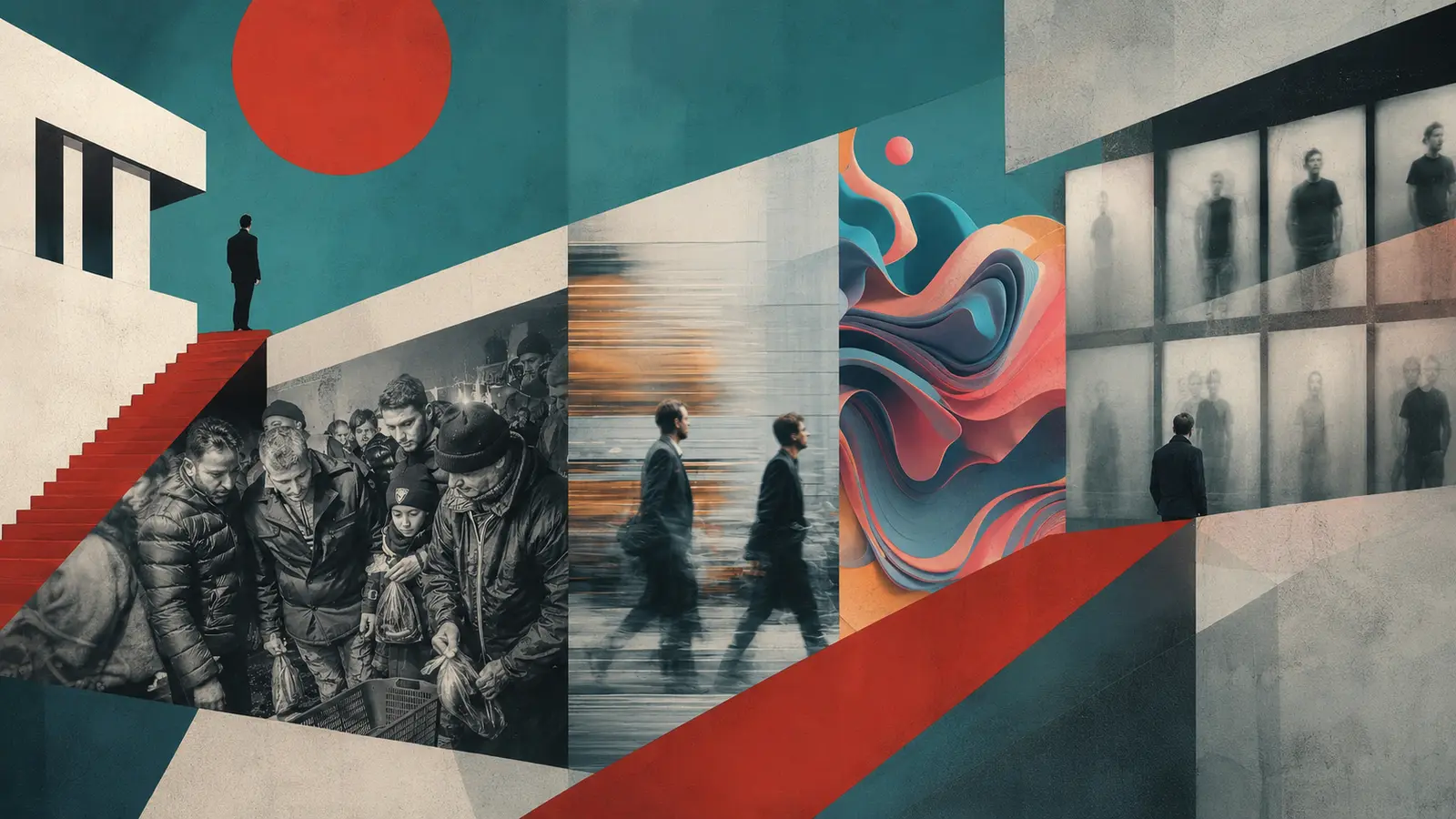 People, movement, abstraction and memory in a teal, red and cream visual landscape